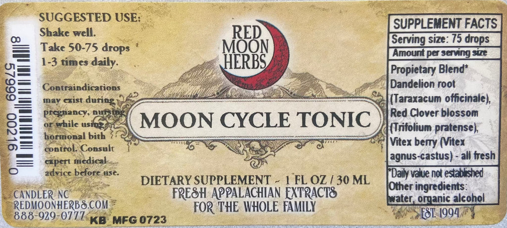 Moon Cycle Menstrual Hormonal Reproductive Cycle Herbal Tonic of Dandelion, Red clover, Vitex