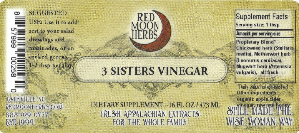 Three Sisters Herbal Vinegar Bottle of Chickweed, Motherwort, and Mugwort Suggested Dosage and Supplement Facts